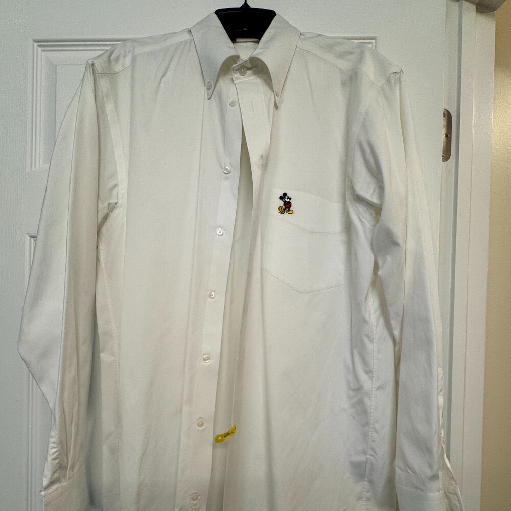 Long-sleeved white men's button-down shirt by Disney w/ embroidered Mickey logo